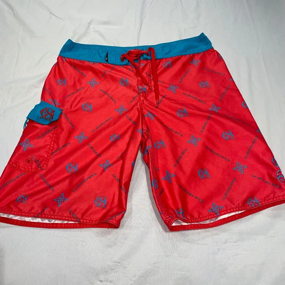 Quiksilver Mens Red Blue Logo Print Board Shorts Cargo Pocket Size 34